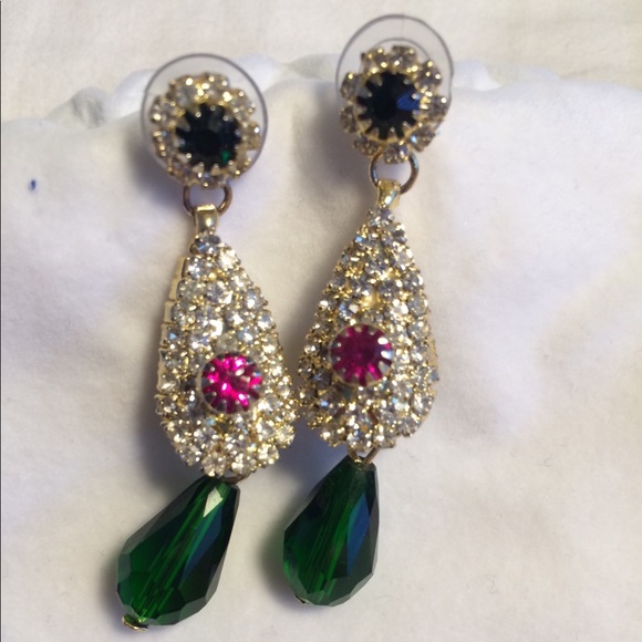 Gold, Pink, Blue and Green Jewel Earrings - Picture 3 of 3